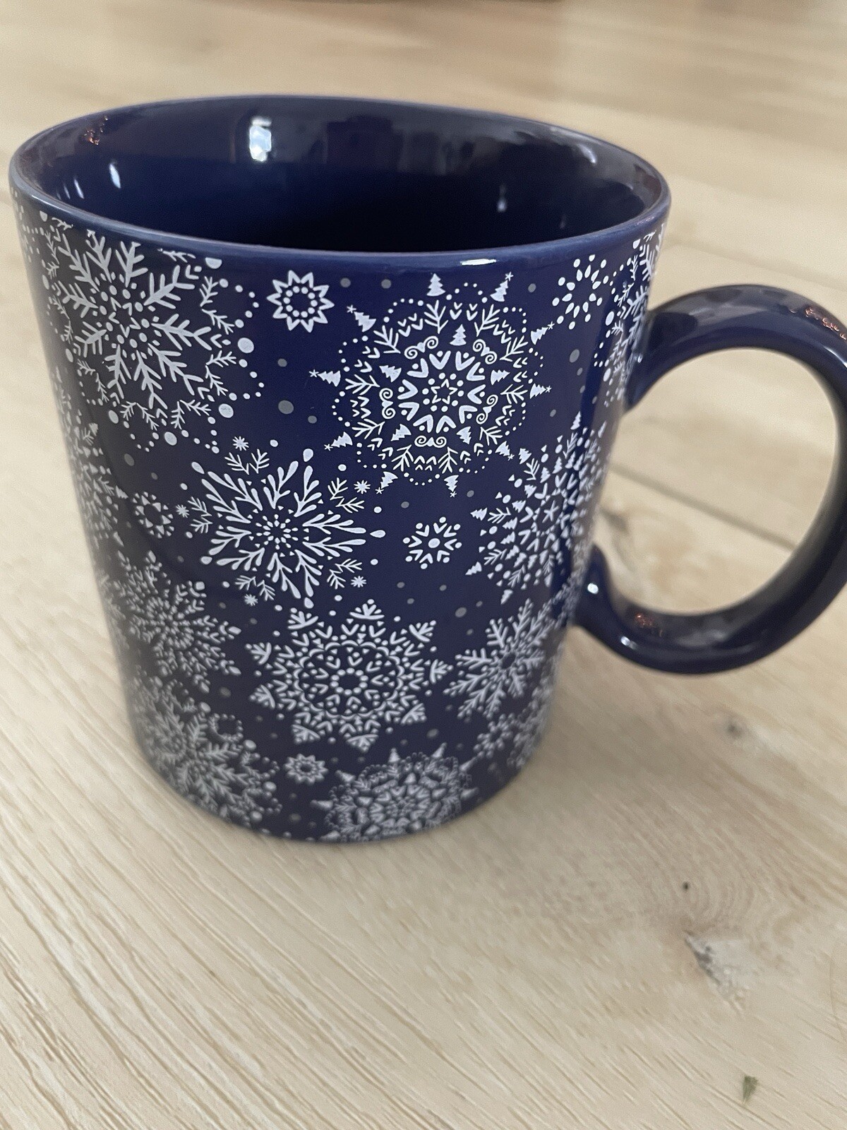 NEW Chic & Tonic Blue Mug Cup Winter Ceramic 16 oz White Snowflakes Christmas