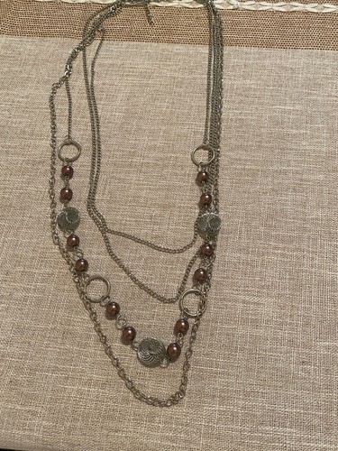 Silver Tone Multi Strand Necklace Faux Copper Pearls Cage Mesh Circles 30"