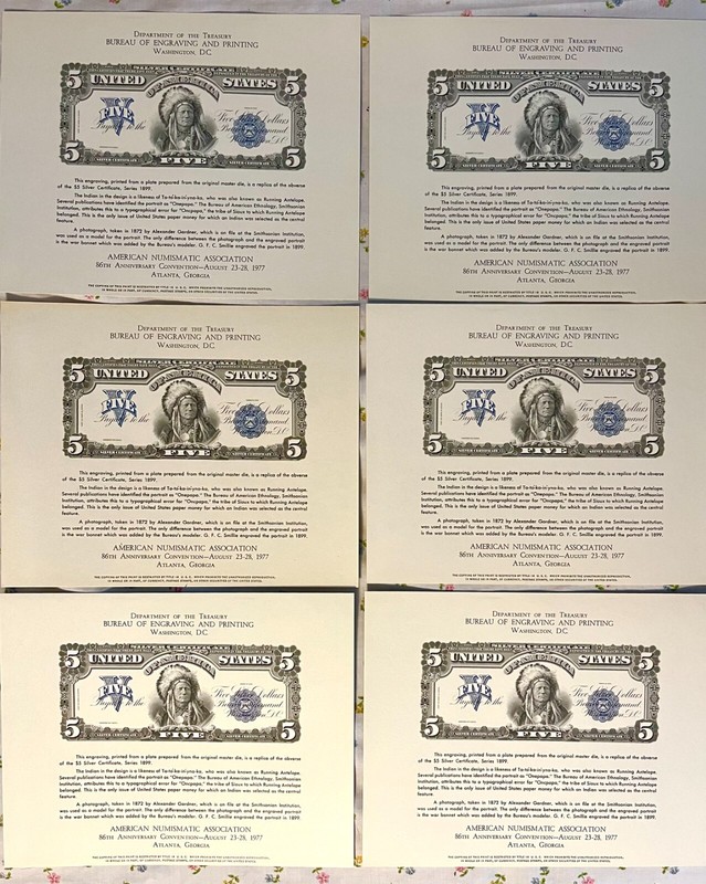 BEP ANA  6 Numismatic Souvenir Cards 1977 Conv. Atlanta, GA $5 Indian W/Env EXC