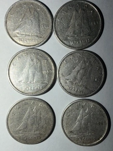 Lot Of (6) CANADA TEN 10 CENT 80% SILVER DIMES COINS