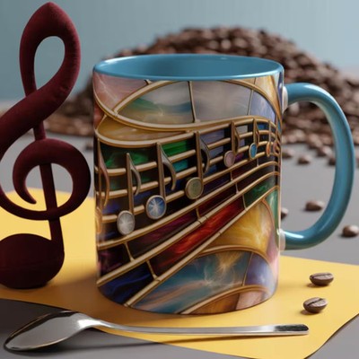 2D PRINTED Music Mug, Musical Notes Coffee Cup, Colorful Treble Clef