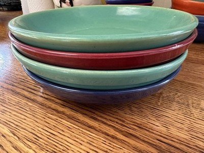 RARE Vintage 1930's Bauer Pottery Ring Soup Plates (2)Jade,Burgundy