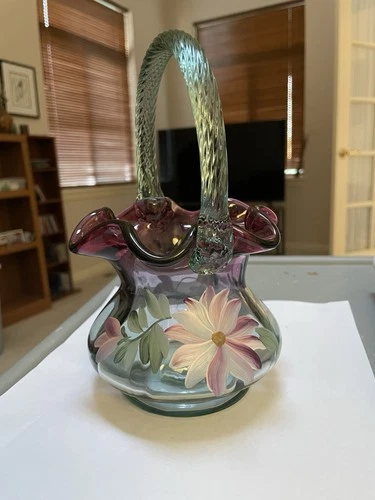 Fenton Cranberry And Sea Mist Green Rib Optic Basket