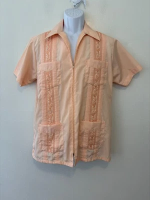 Vintage Haband Guayabera Short Sleeve Zip Front Shirt Mens Medium Peach Orange - Image 1 of 4