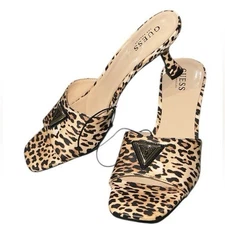NEW GUESS Leopard Print Kitten Heel Mules Triangle Logo Sandals Slides Heels 10