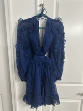 Mac Duggal 68418 Indigo Ruffle Mini Dress Long Puff Sleeves Open Back Sz 2