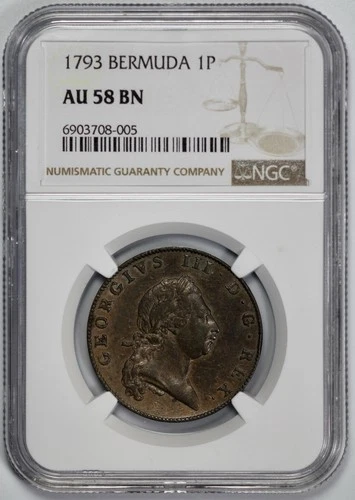 1793 Bermuda 1 Penny NGC AU 58 BN