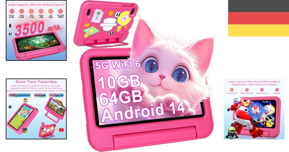 Android 14 Tablet, Kinder Tablet, 7 Zoll, 10GB RAM, 64GB ROM, 1TB, WLAN 6, 5G... - Bild 2 von 4