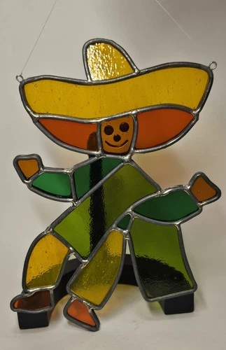 Vintage Stained Glass Sombrero Figure Suncatcher • Tiffany-Style Folk Art Window
