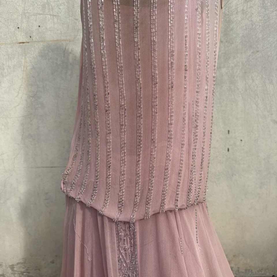 Antique 1920s Baby Pink Silk Chiffon & Beaded Dress Flapper Gown Vintage - Image 3 of 4