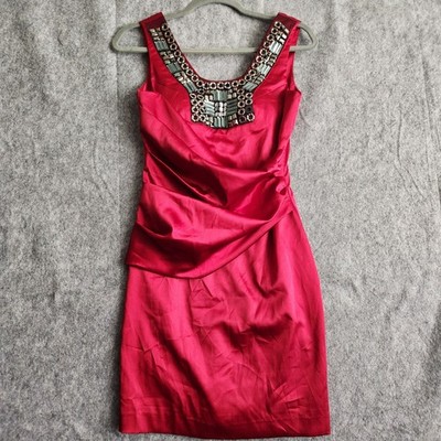 Heeya Crystals Embellished Mini Dress Sheath Ruched Women's XS Red Formal Y2K