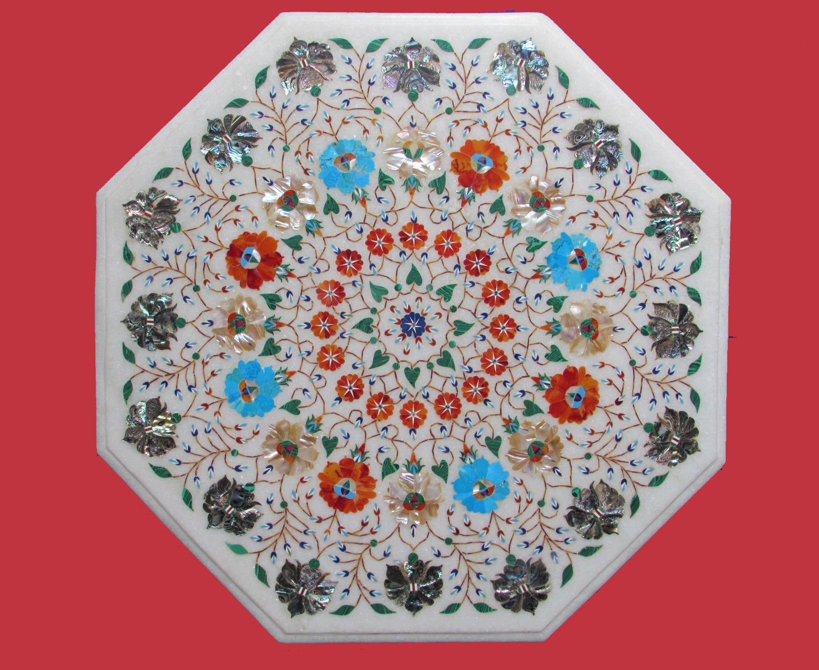 23-inch Handmade Marble Coffee Table with Semi-Precious Stone Inlay Home Decor