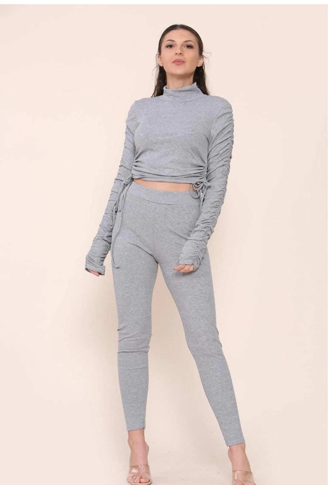 New Ladies High Neck Ruched Side Arm Solid Drawstrings Ribbed Tee Leggings set
Opens in a new window