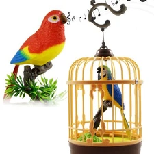 Singing & Chirping Toy Bird in a Cage, Sound Activated, Colors May Vary