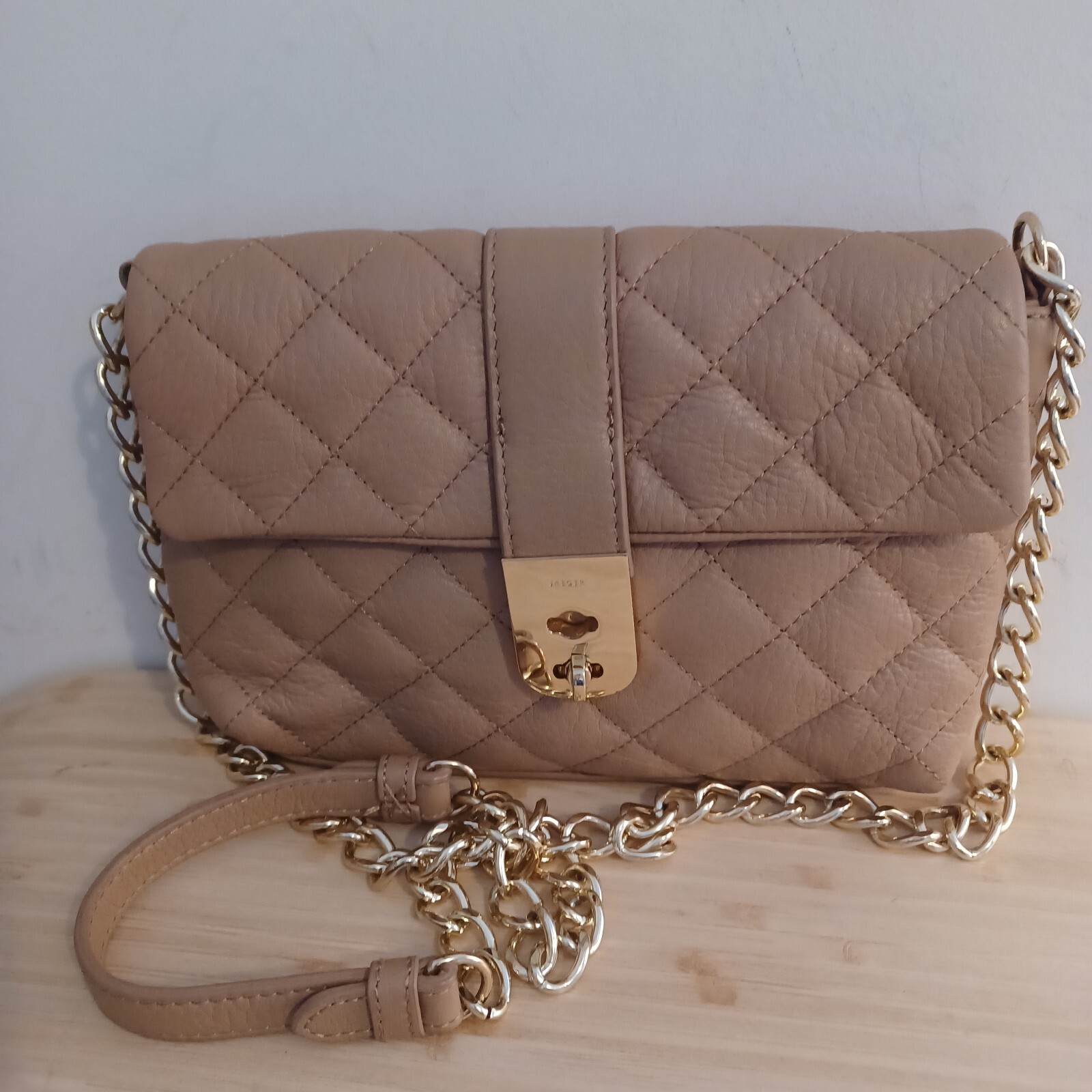 Jaeger Handbag Kate Camel Quilted Leather Shoulder Bag Chain Strap