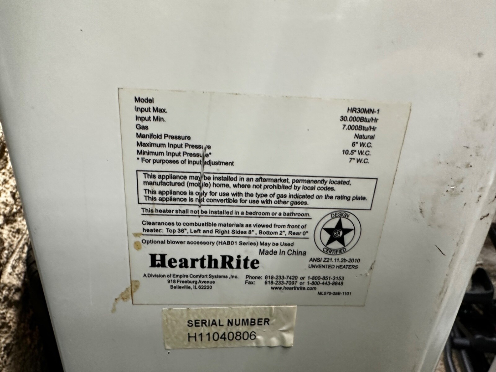 Empire HearthRite HR30MN VentFree Natural Gas Radiant Space Heater S