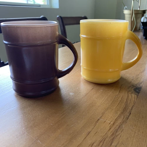 Vintage Anchor Hocking Fire King Coffee Mugs Set Of 2 Yellow, Brown Barrel Style
