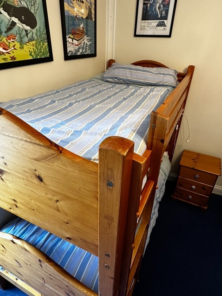 Wooden bunk/twin beds+bedside table+mattresses L190cm x W90cm, used. eBay