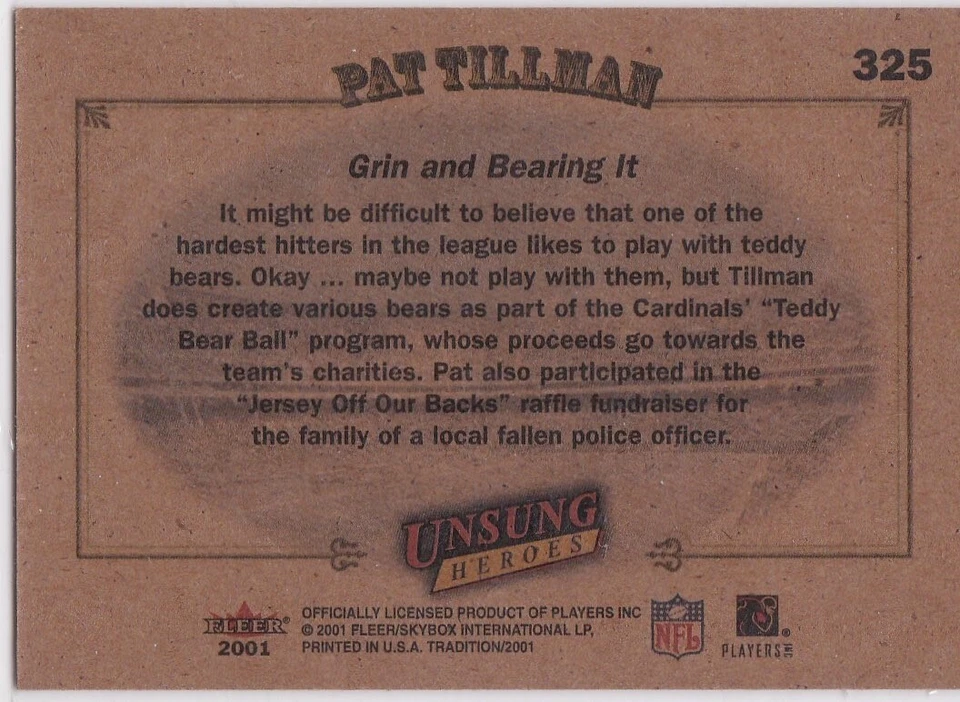 PAT TILLMAN ROOKIE CARD 2001 Fleer Tradition Football $$ RARE UNSUNG HEROES RC! - Image 2 of 2
