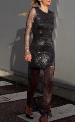 Zara Noir Long Robe Maille avec Paillettes TAILLE S Ref 8351 254