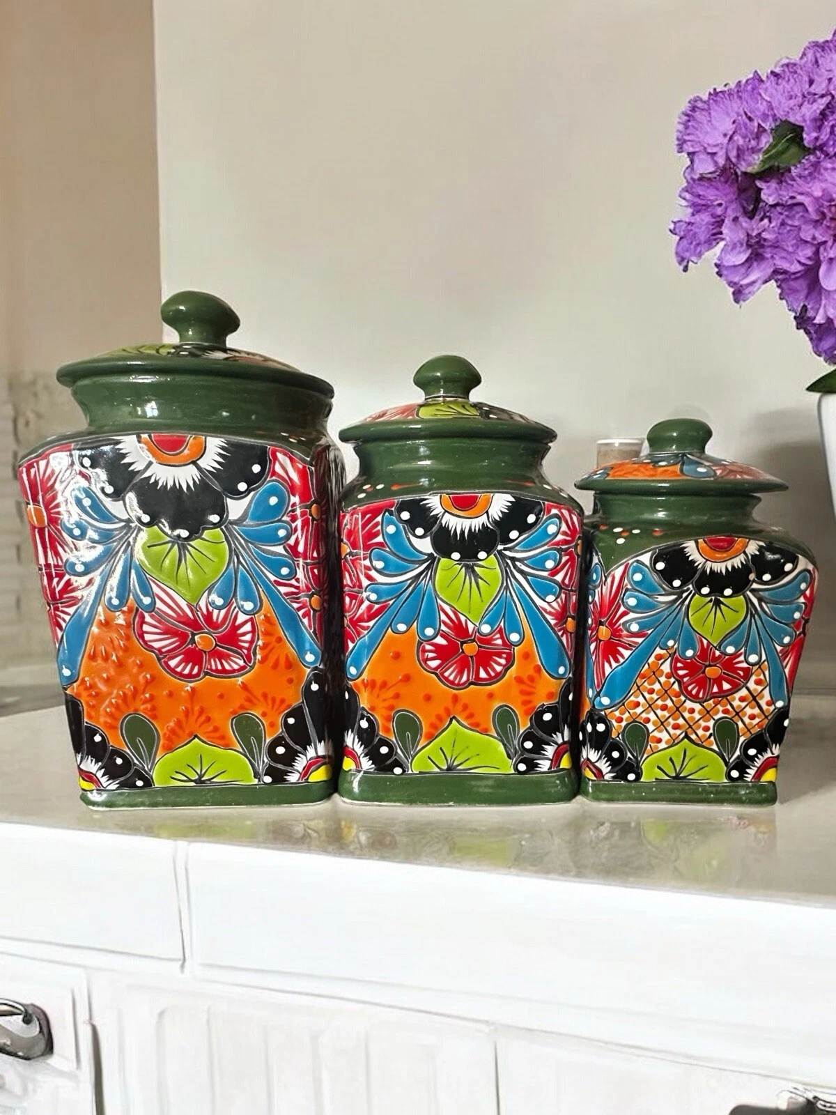 Talavera Canister Set of 3 | Hand-Painted Mexican Pottery Jars
