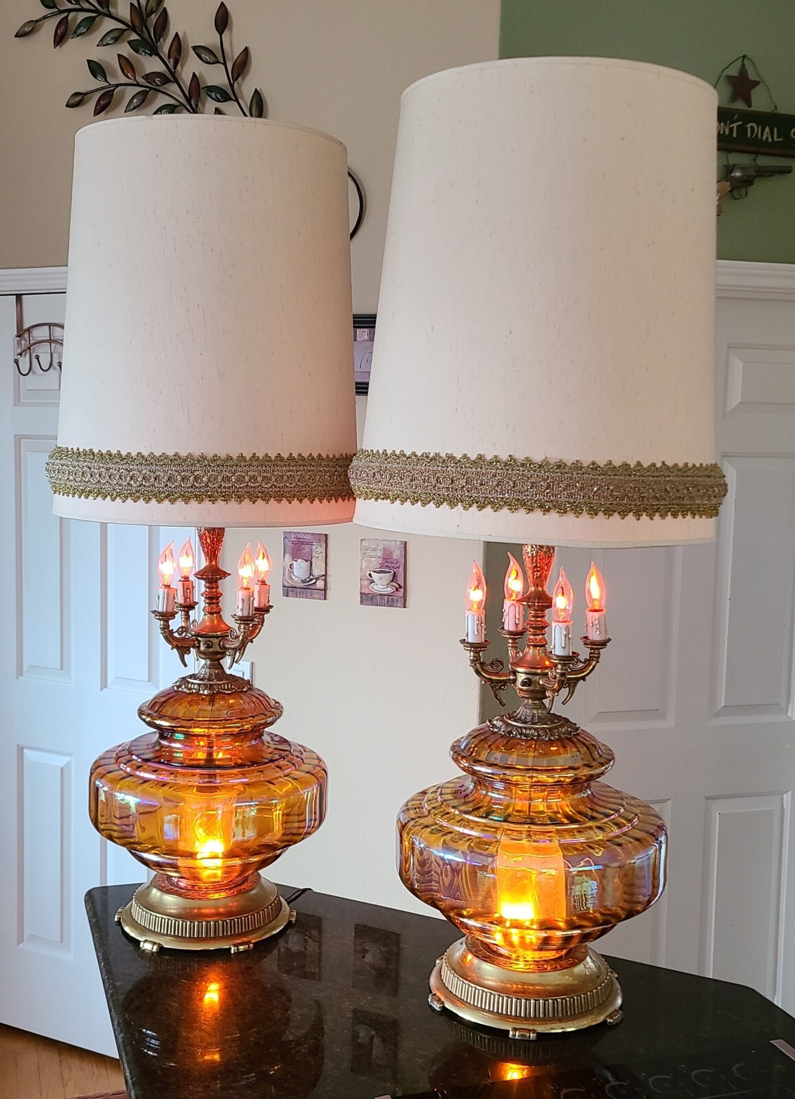 Mid Century Modern Hollywood Regency Iridescent Amber Glass Table Lamps PAIR XL