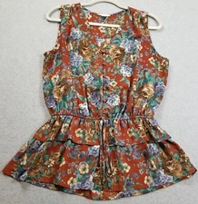 Pleione Peplum Tank Top Womens Medium Floral Sleeveless V Neck Layered Button Up