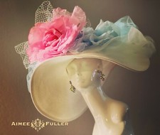 Kentucky Derby White Cream Lite Blue Big Hat Giant Pink Rose Del Mar Royal Ascot