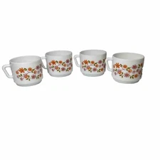 Arcopal France Stackable Floral Milk Glass Tea Cups Mugs Set Of 4 Vintage