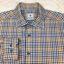 David Donahue Dress Shirt Men's XL Blue/Brown Checks Heavier Cotton