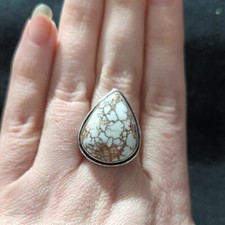 Silver Plated White And Brown Wild Horse Jasper Gemstone Teardrop Ring - Size 10
