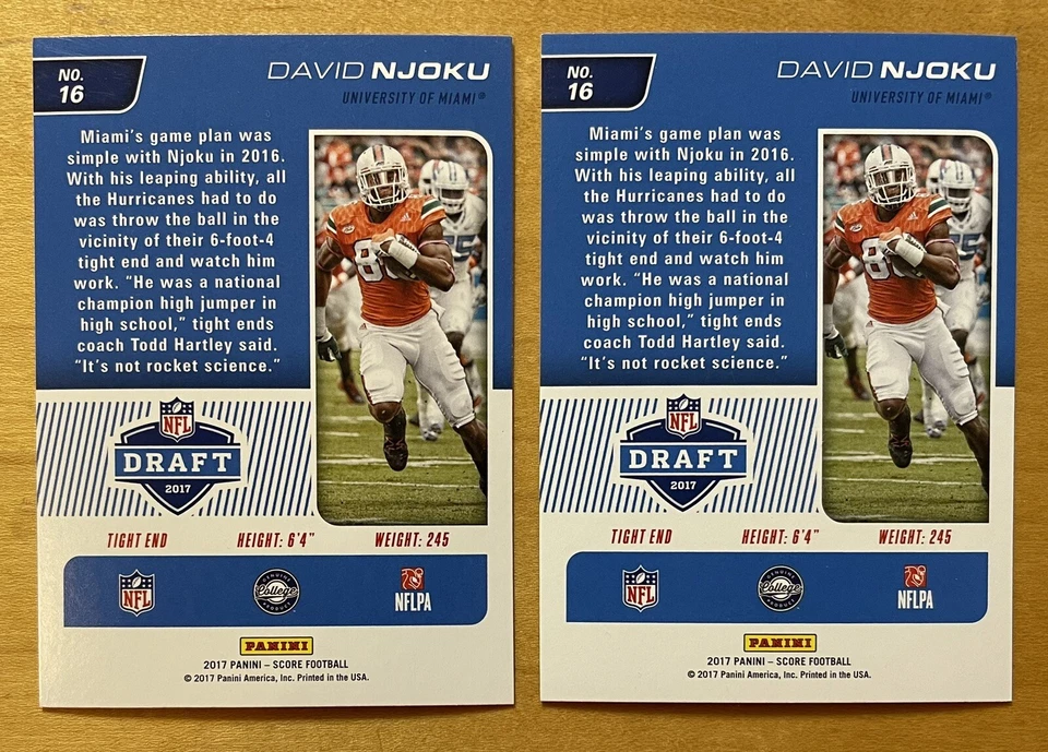 David Njoku Rookie Lot 2017 Panini Score Draft #16 Miami Hurricanes Mint - Image 2 of 2