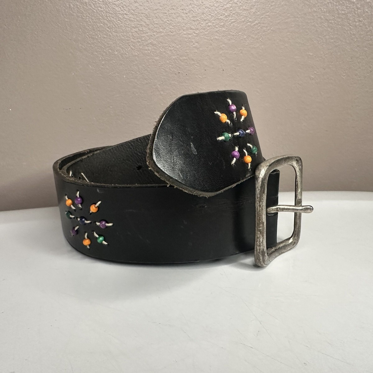 Vintage Y2K Gap Leather Beaded Belt Black Multicolor Boho  display picture 2