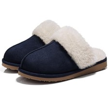 Fuzzy Memory Foam Slippers for Women Indoor Outdoor House Shoes 9-10 Navy