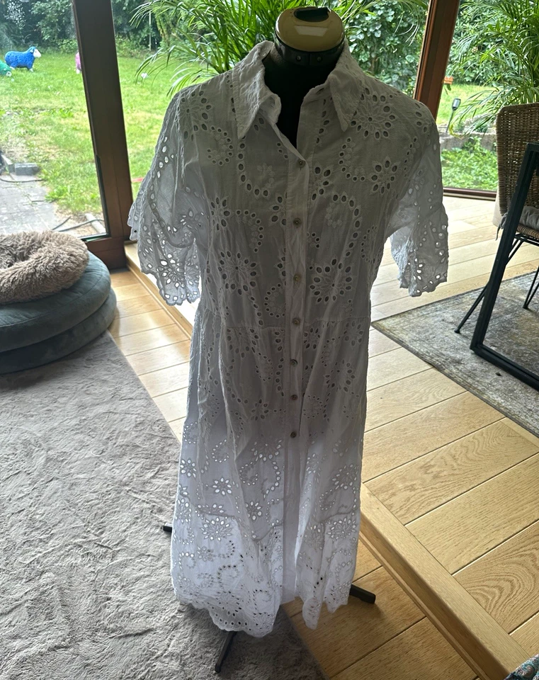 Damen Hemdblusenkleid S Normalgröße Baumwolle Spitze weiß Kurzarm Midi Knöpfe - Bild 1 von 2
