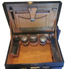 Mappin & Webb Vanity Travel Case Black Leather Silk Lining Sterling Lids jar Key