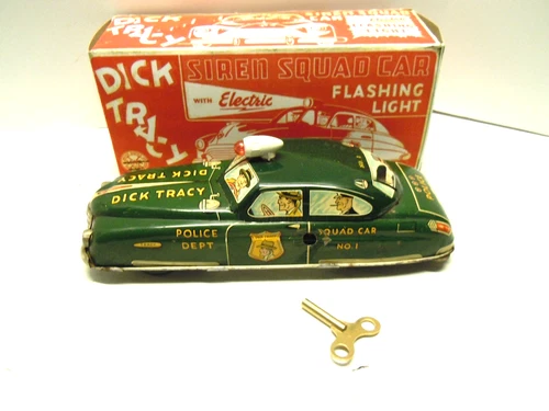 Marx 1950's Tin Wind Up Dick Tracy Siren Squad Car in BOX. Works & Complete. A+