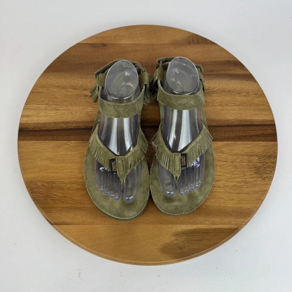 女式 Teva 原装绿色皮革条纹丁字裤户外凉鞋 9 M 码 — 第 4/4 张图片