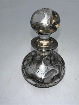 Beautiful Antique Sterling Silver Overlay Glass Perfume Bottle Monogram V. F.