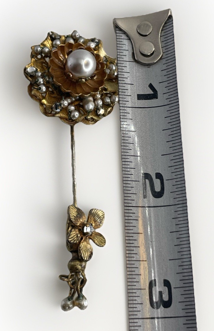 Miriam Haskell Rhinestone & Faux Pearl Stick Pin … - image 13