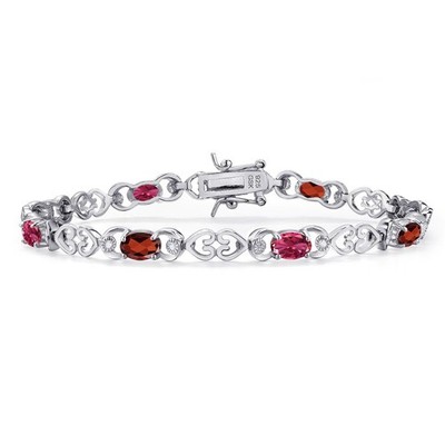 925 Sterling Silver Garnet and Pink Tourmaline and Lab Grown Diamond Bracelet
