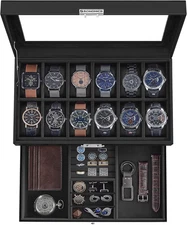SONGMICS 12-Slot Watch Box, Lockable Watch Case with Glass Lid, 2 Layers, with 1