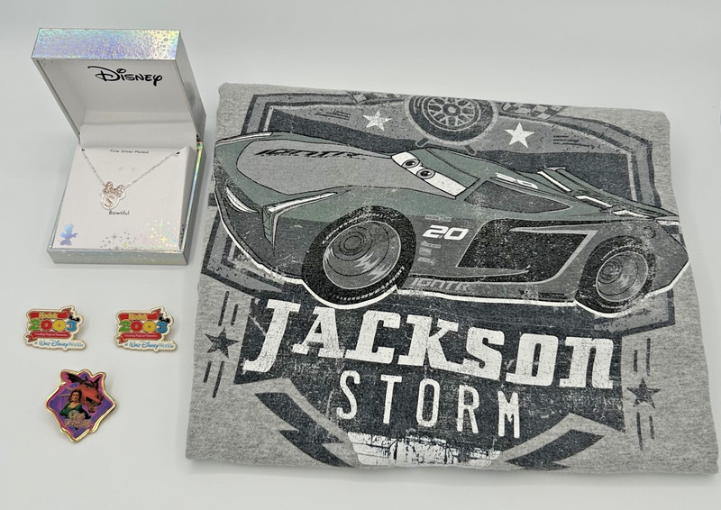 Disney Lot Minnie Mouse Silver Necklace S + Pixar Cars Shirt 2XL + Disney Pins