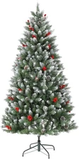 7FT Flocked Christmas Tree Xmas Tree w/ Pine Cones & Berries Metal Stand Gift