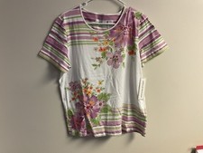 NWT Alfred Dunner 2 Pc Outfit Set Floral Stripe Top M Lilac Cotton Capri Pants12