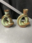 Vintage Frankoma Pottery Prairie Green & Brown Pair Candle holders #305