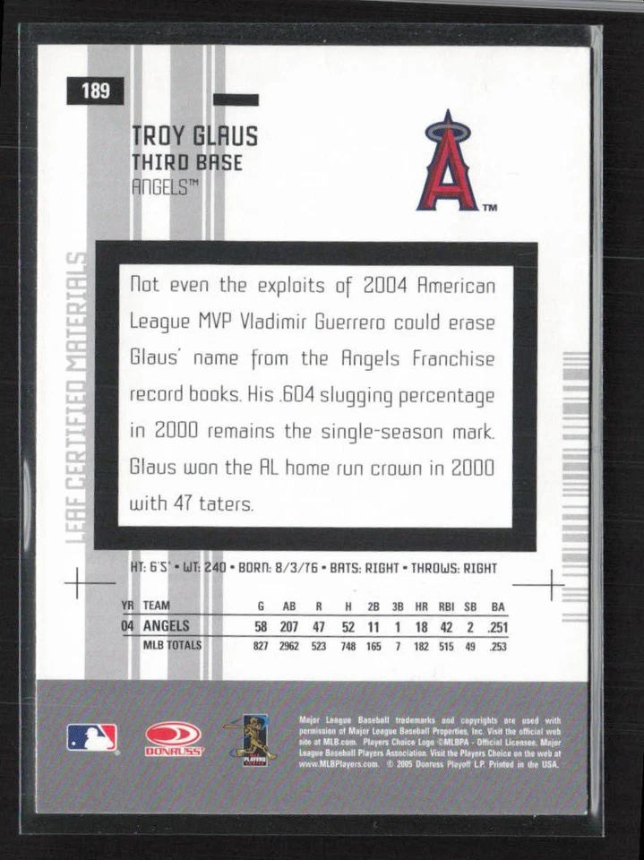 2005 Leaf Certified Materials #189 Troy Glaus - Image 2 of 2