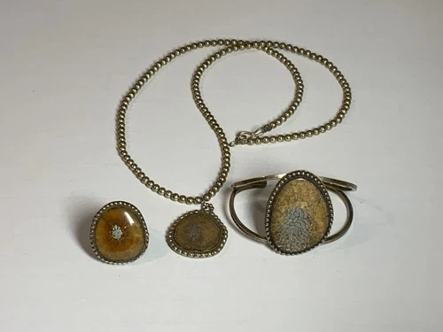 Vintage Sterling Silver Agate Jewelry Set Necklace Cuff Ring 70g Southwestern