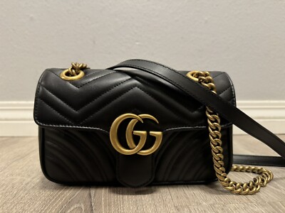 NEW Gucci GG Marmont Small Shoulder Bag Leather Quilted Black Gold