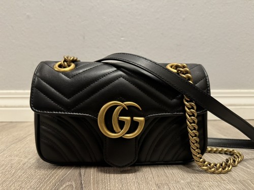 NEW Gucci GG Marmont Mini Shoulder Bag Leather Quilted Black Gold
